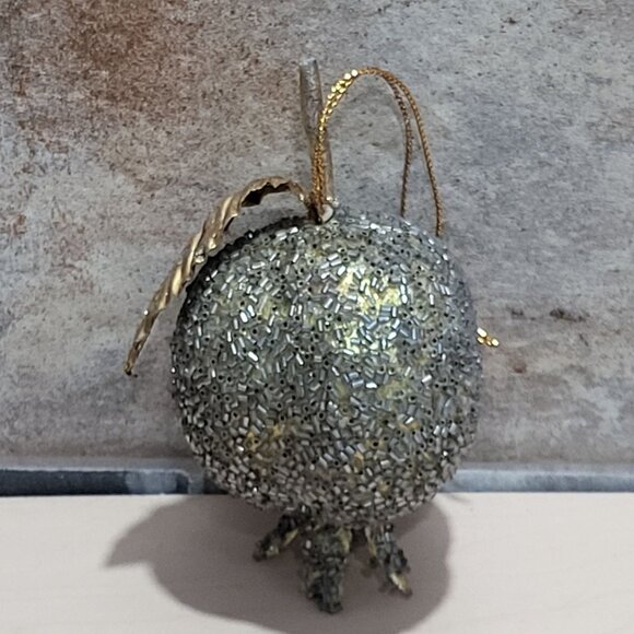 Faux Fruit Christmas Tree Ornament Glam Beaded Pomegranate Gold Leaf - Picture 1 of 8